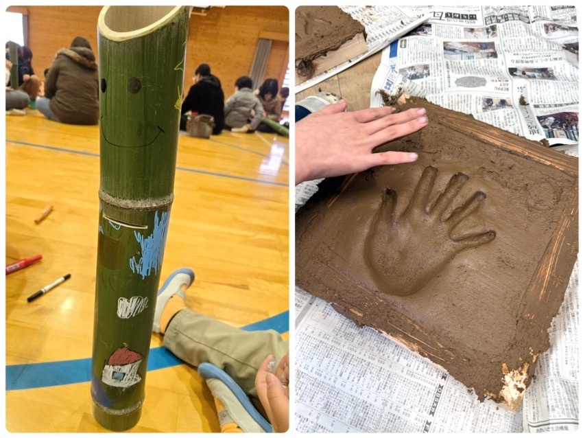 自然素材でものづくり｜小学校で竹の貯金箱と土手形アート体験